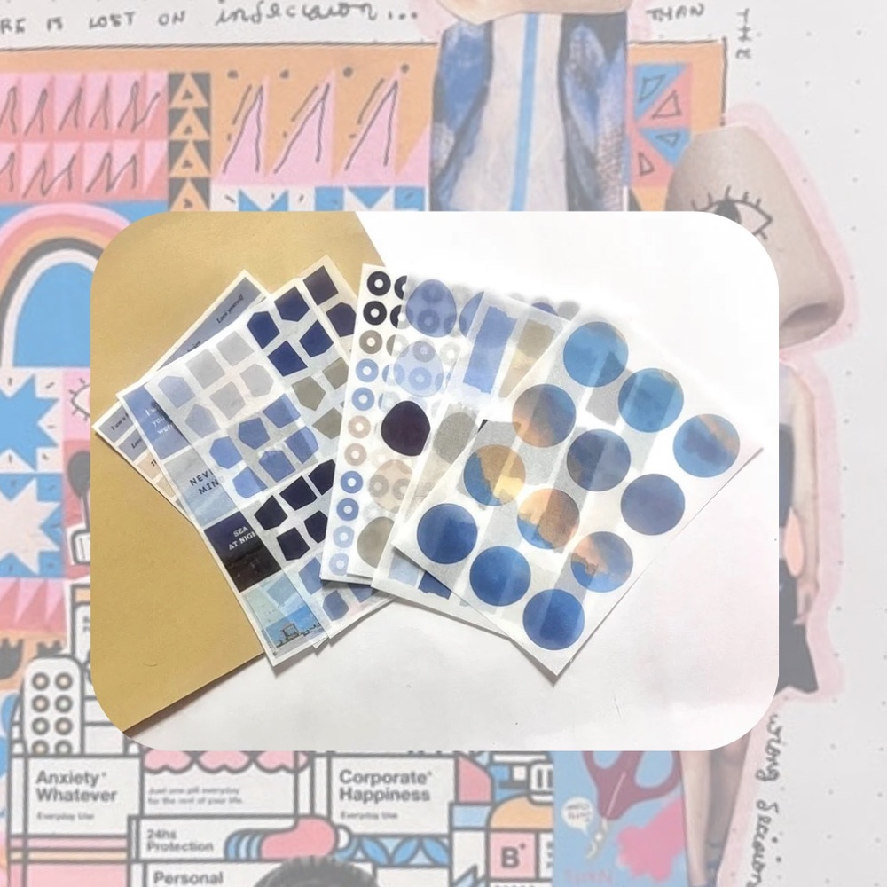 🆕 🎉 kawaii blue quote abstract & geometric PET sticker sheet set